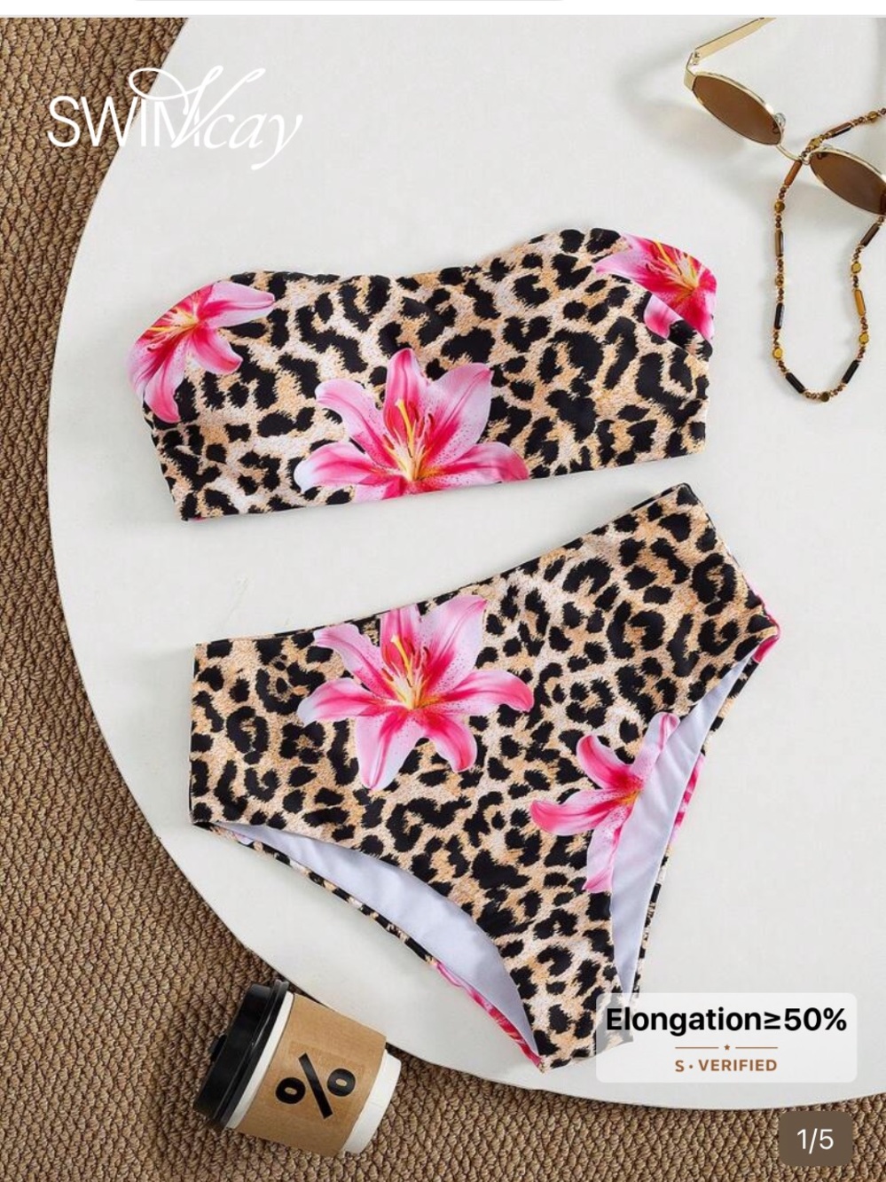 SHEIN Leopard Print Bandeau Bikini with Pink Floral Accents